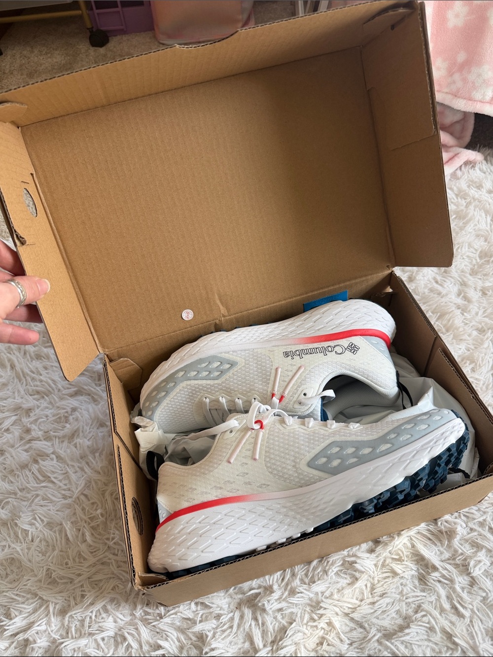 Columbia White Athletic Shoes with Red Accent and Gray Details